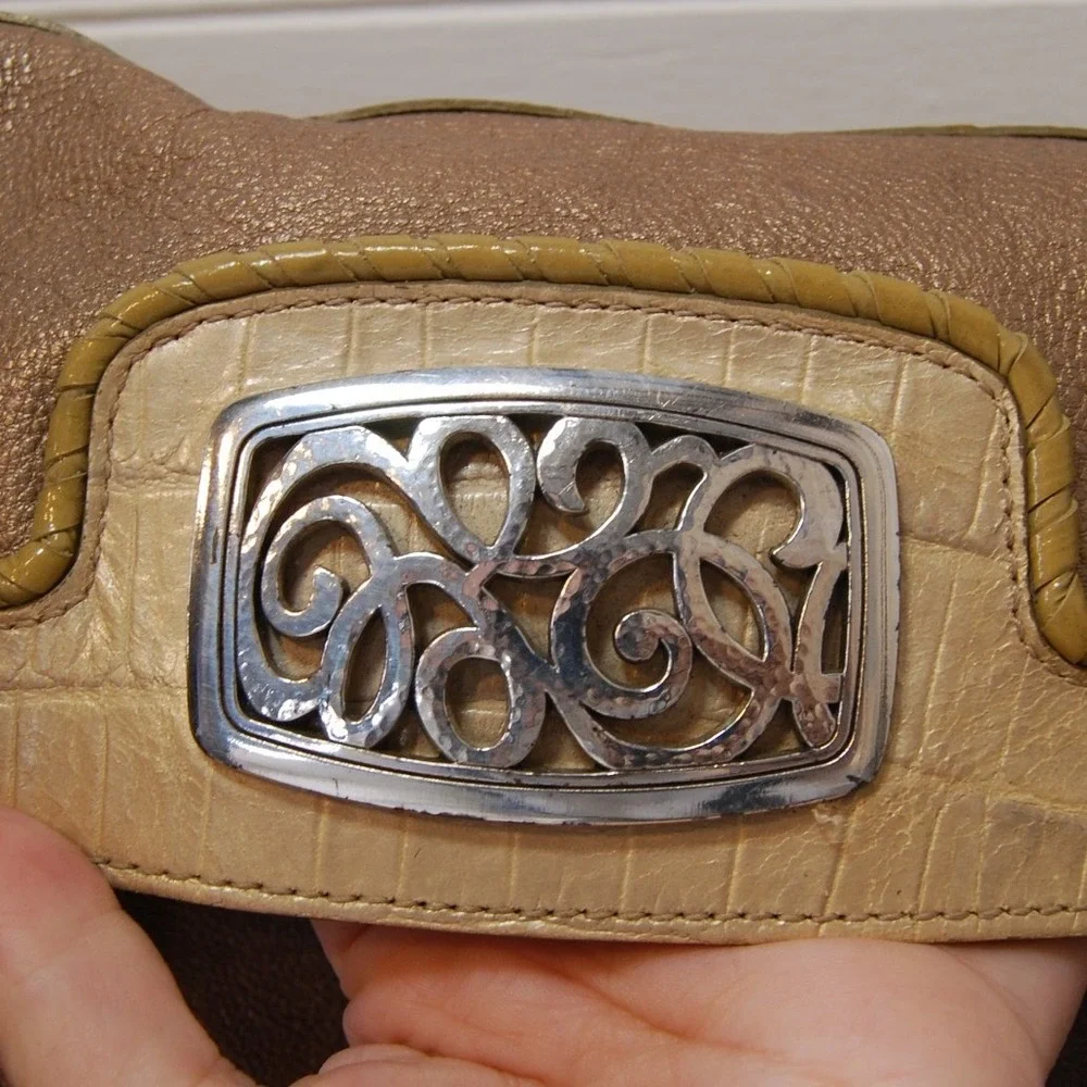 Vintage Brighton Hobo Purse Y2K‎ Fold over Leather Shoulder bag Metallic Beige